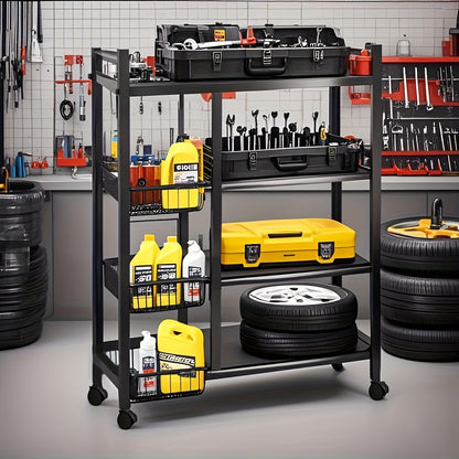 Étagère de rangement roulante à 4 niveaux avec paniers, Étagère utilitaire en métal sur roulettes, Organisateur de cuisine et de garage