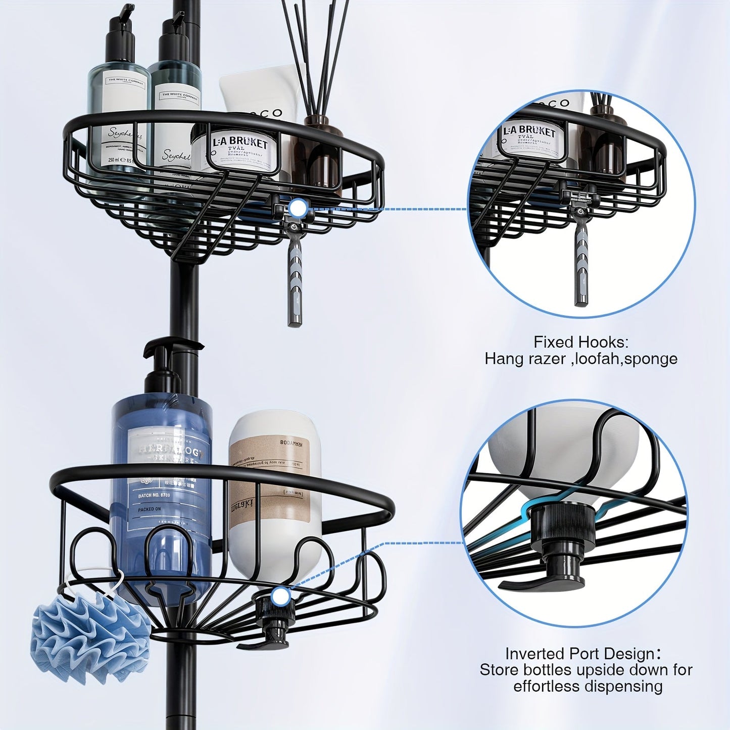 4-Tier Corner Shower Organizer Telescopic Pole Rustproof Bathroom Storage Black