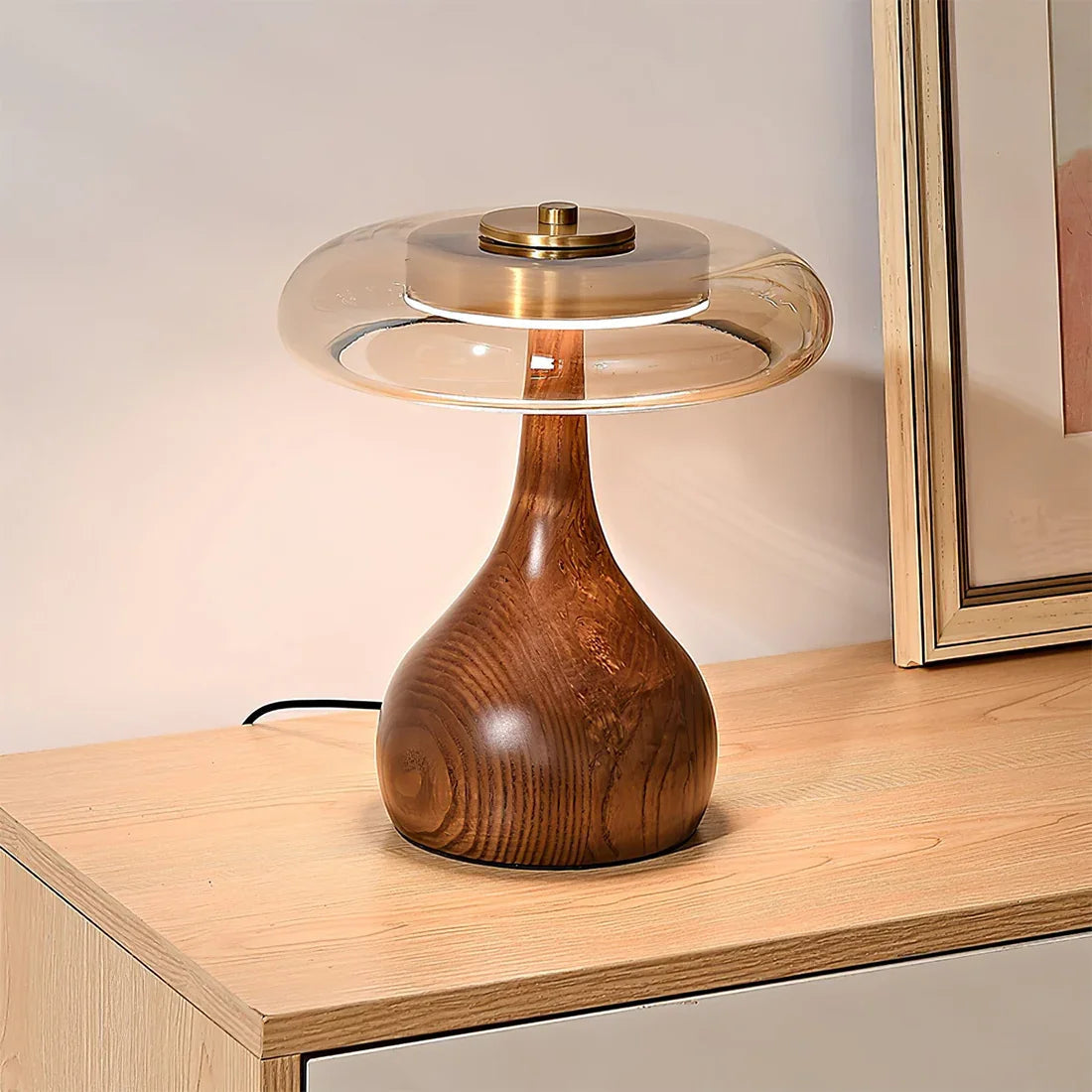 Mid Century Wood Glass Table Lamp LED Dimmable Walnut Disc Light