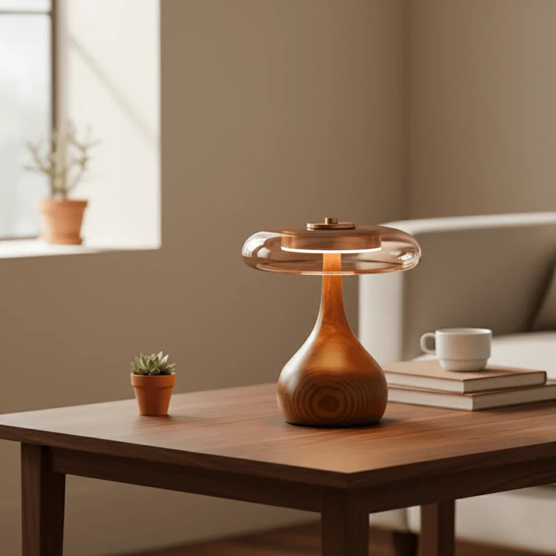 Mid Century Wood Glass Table Lamp LED Dimmable Walnut Disc Light