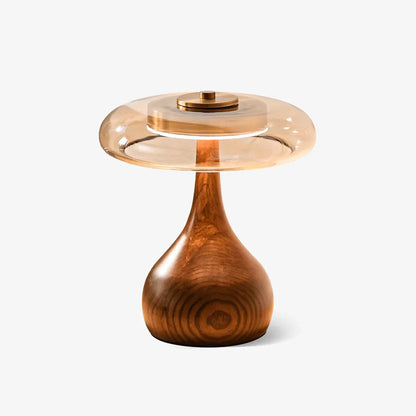 Mid Century Wood Glass Table Lamp LED Dimmable Walnut Disc Light