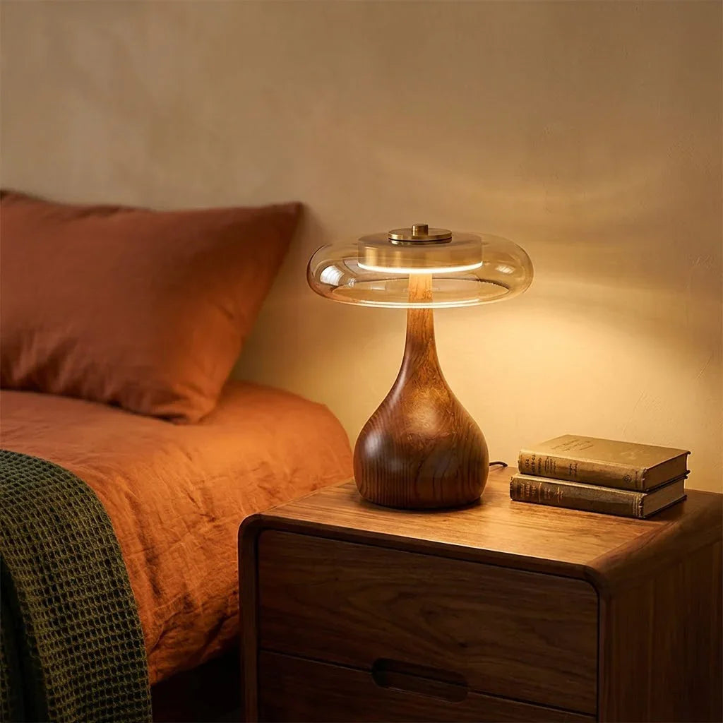 Mid Century Wood Glass Table Lamp LED Dimmable Walnut Disc Light