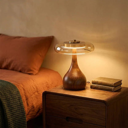 Mid Century Wood Glass Table Lamp LED Dimmable Walnut Disc Light