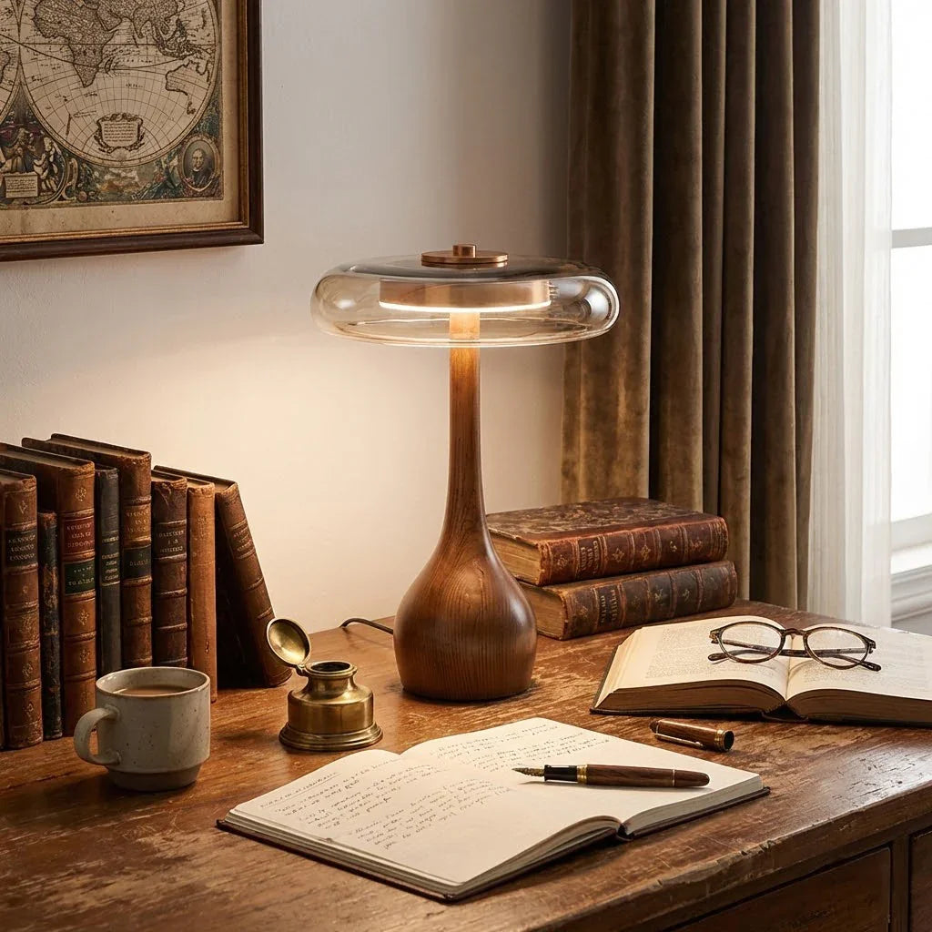 Mid Century Wood Glass Table Lamp LED Dimmable Walnut Disc Light