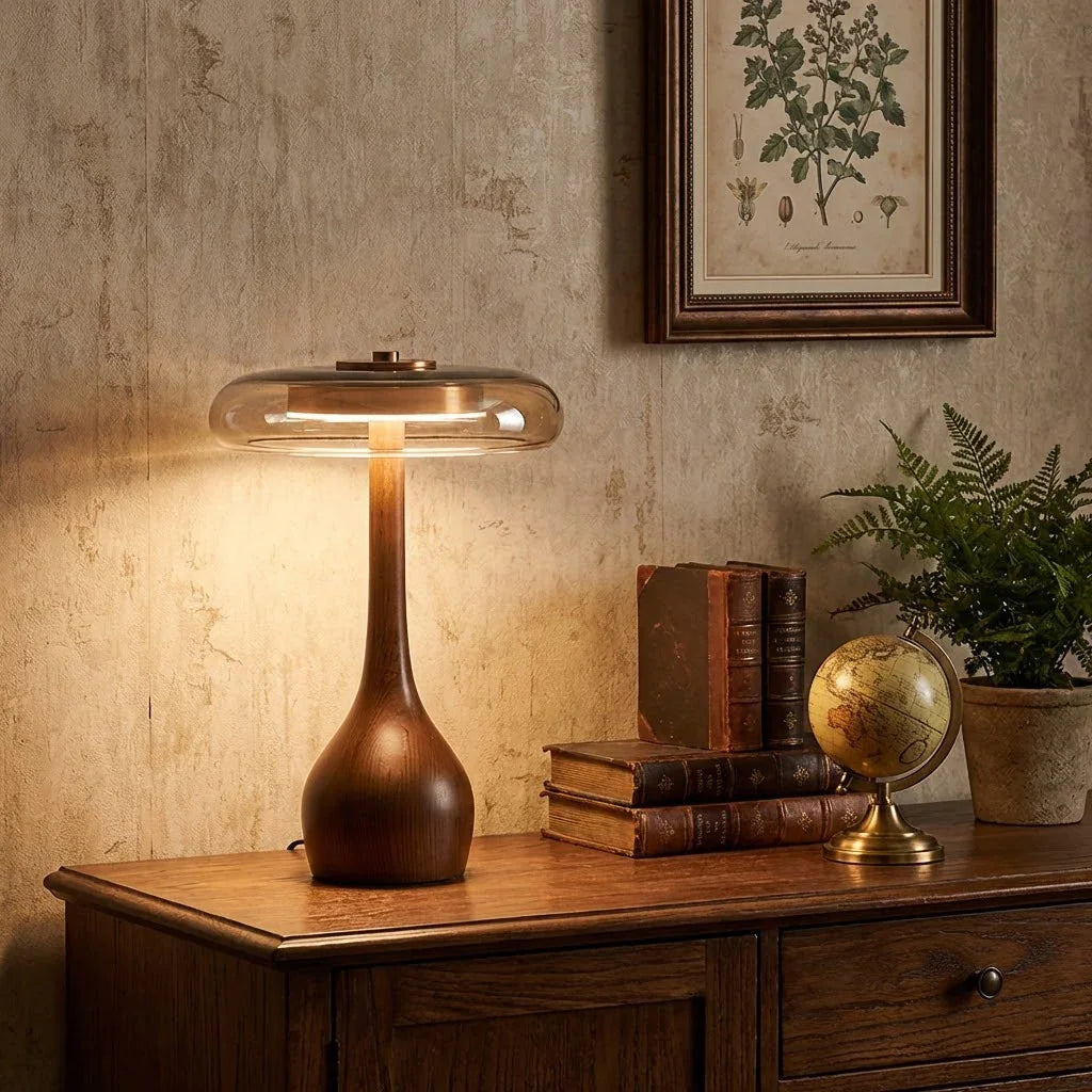 Mid Century Wood Glass Table Lamp LED Dimmable Walnut Disc Light