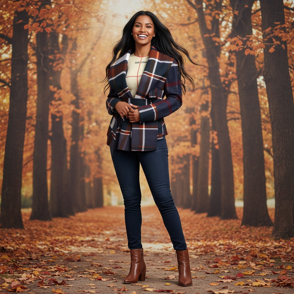 Nuevo abrigo de lana a cuadros multicolor otoño