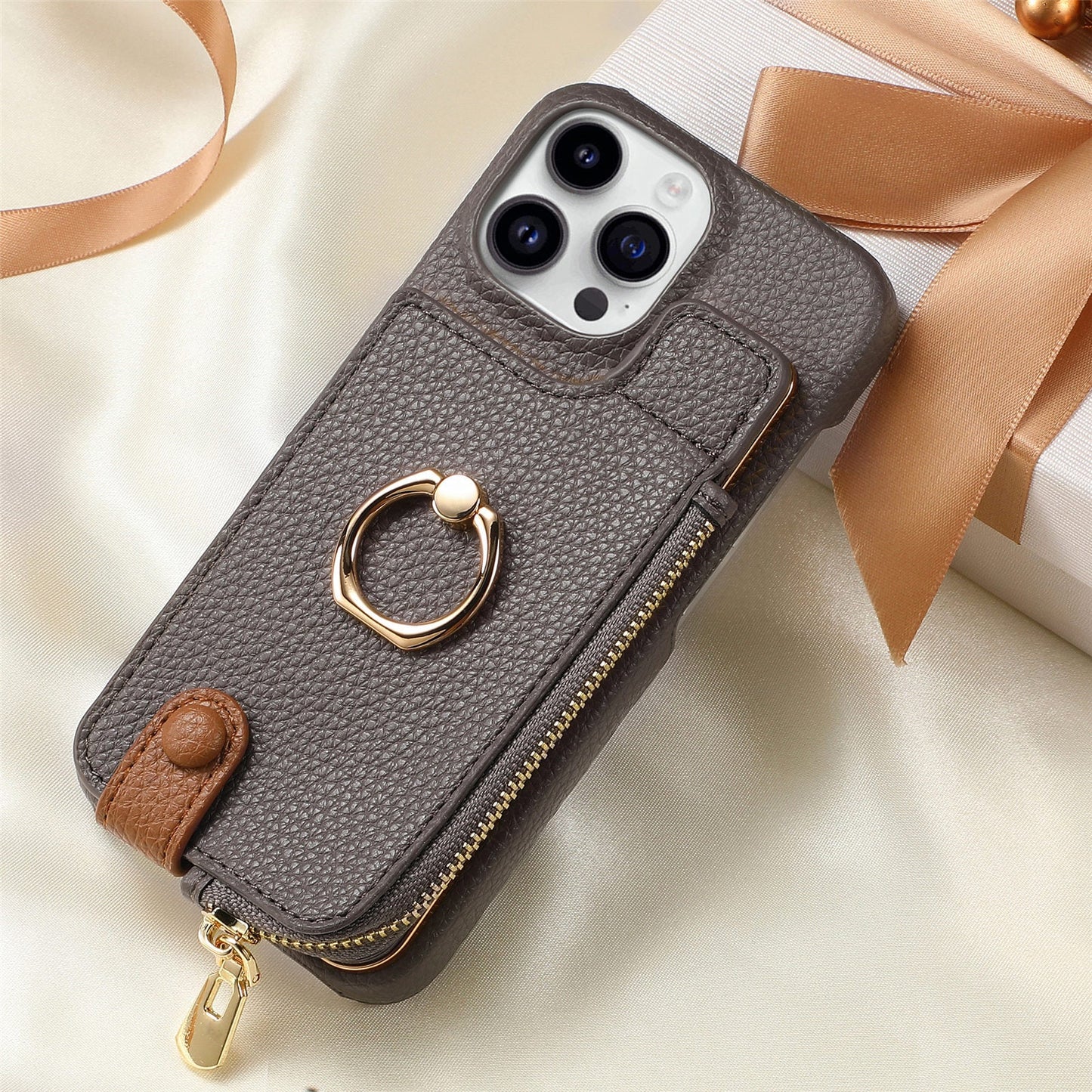 Ring Bracket Zipper Card Holder iPhone Case – Embossed Faux Leather | iPhone X–16