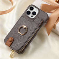 Ring Bracket Zipper Card Holder iPhone Case – Embossed Faux Leather | iPhone X–16