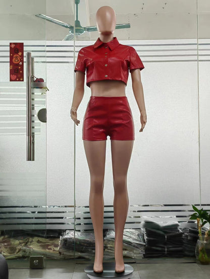 Leather Coat New Breasted Waist-tied Short-sleeved Shirt Shorts Set