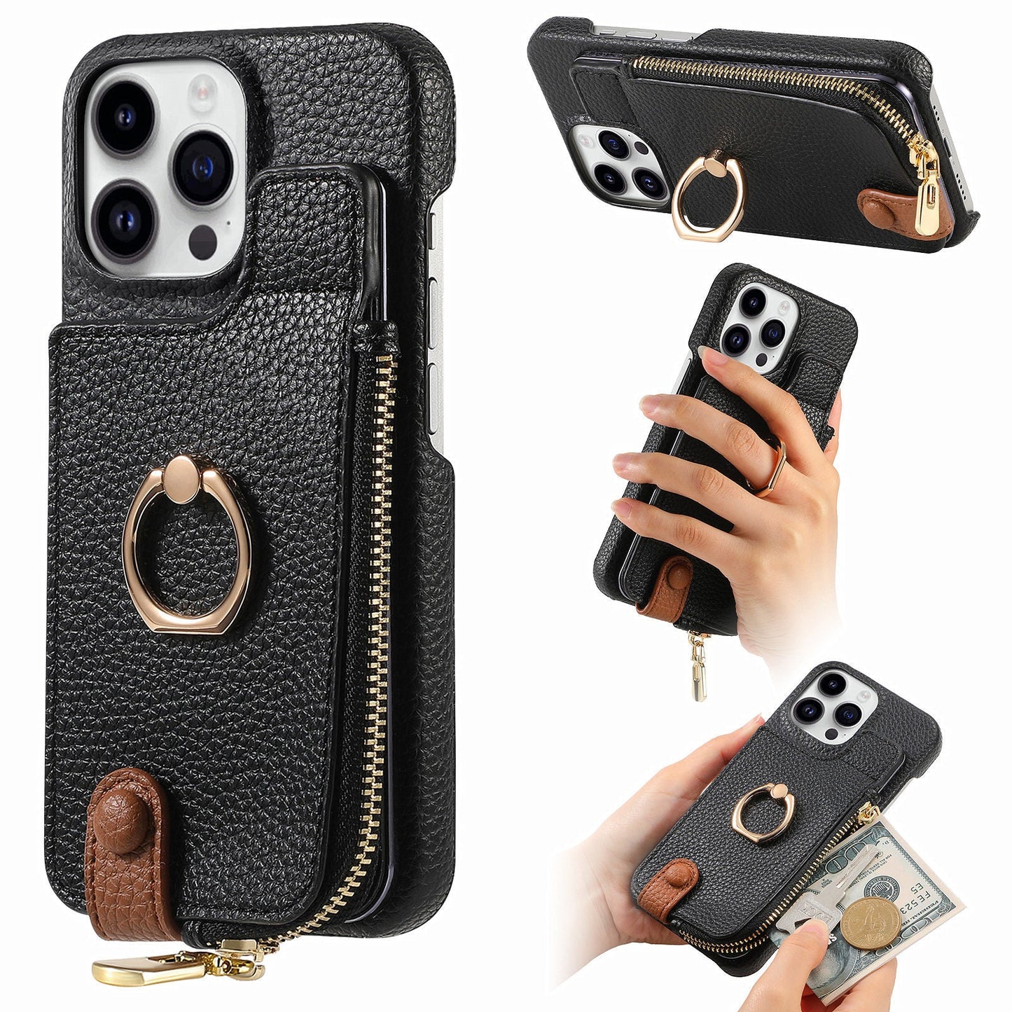 Ring Bracket Zipper Card Holder iPhone Case – Embossed Faux Leather | iPhone X–16