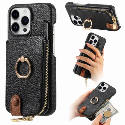 Ring Bracket Zipper Card Holder iPhone Case – Embossed Faux Leather | iPhone X–16