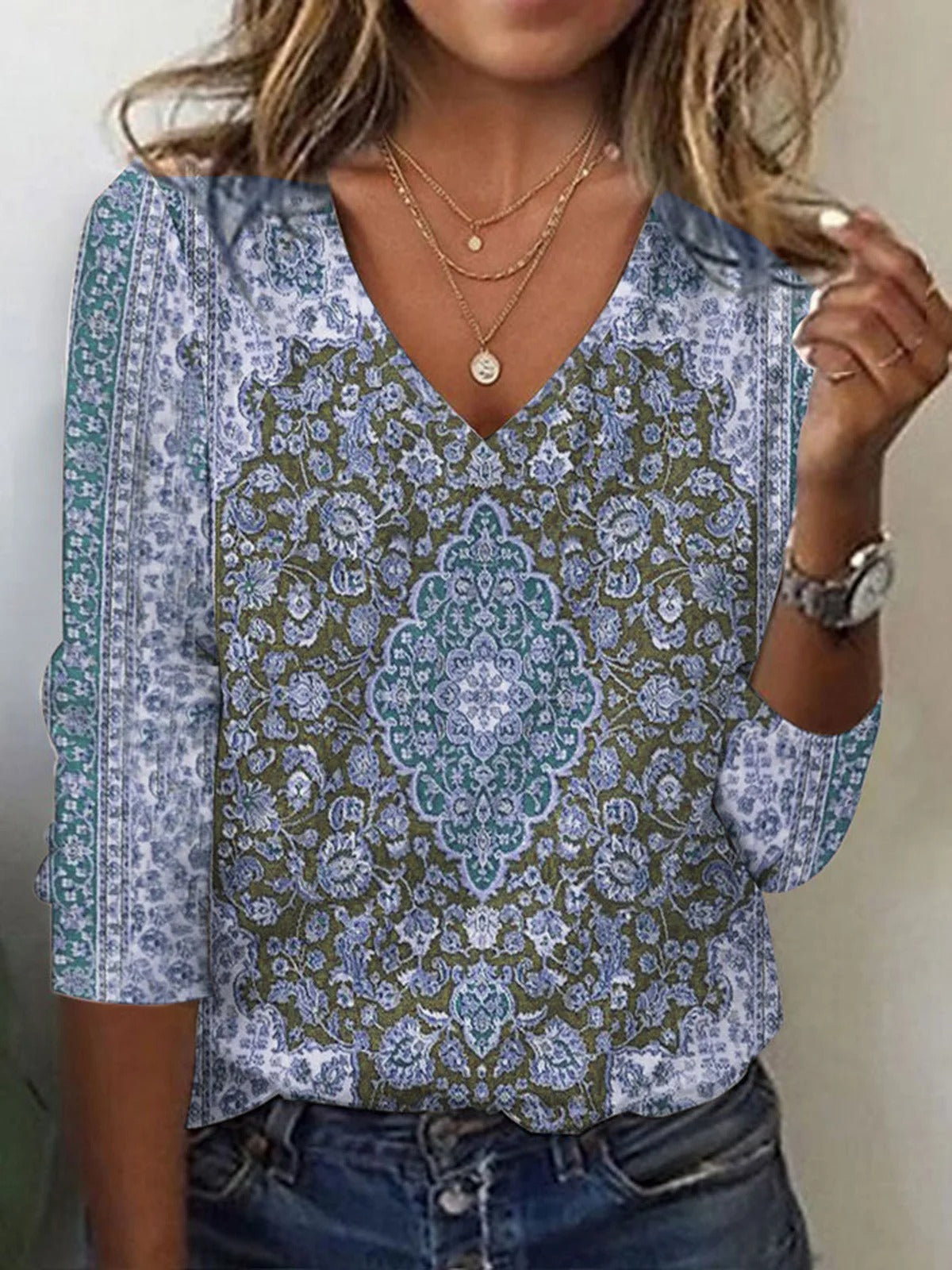 Fall Winter Fashion Printing Long-sleeve T-shirt Sexy Temperament Collar Top Slim Women's Clothing Animal And Plant Printing