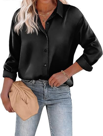 Women's Satin Top Long Sleeve Button Shirt Autumn
