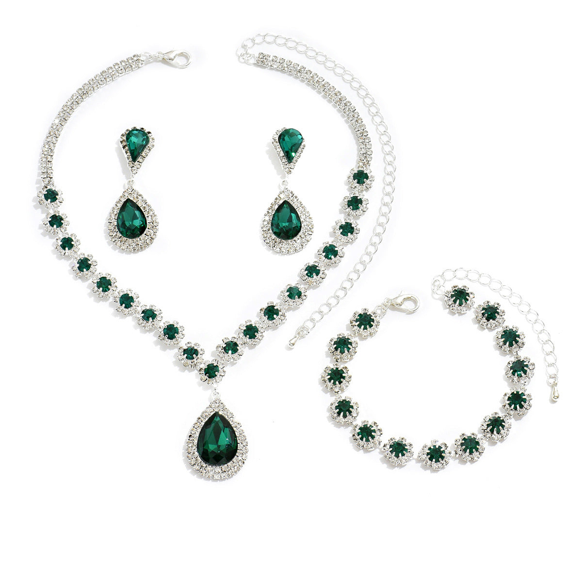 Ensemble trois pièces de bijoux fantaisie, de bijoux de mariée, comprenant un collier, des boucles d'oreilles et un bracelet