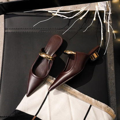 Pointed-toe Slippers Women's Chunky Heel Mid Heel Half Slippers Ferrule Sandals