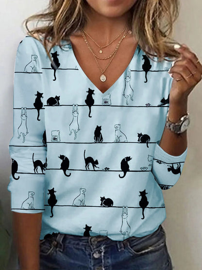 Fall Winter Fashion Printing Long-sleeve T-shirt Sexy Temperament Collar Top Slim Women's Clothing Animal And Plant Printing