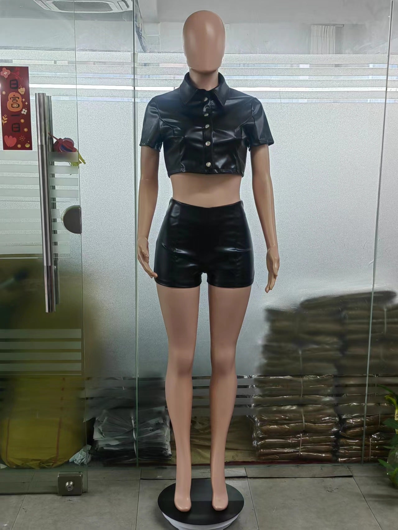 Leather Coat New Breasted Waist-tied Short-sleeved Shirt Shorts Set