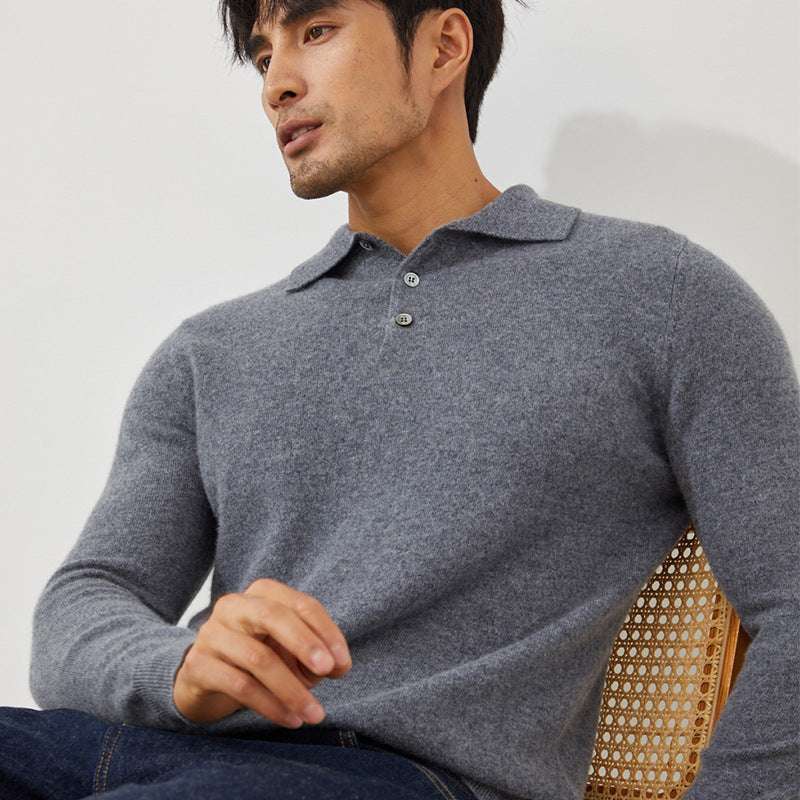 Pure Cashmere Men's Polo Collar Pullover Short Sweater