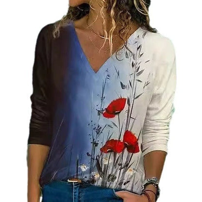 Fall Winter Fashion Printing Long-sleeve T-shirt Sexy Temperament Collar Top Slim Women's Clothing Animal And Plant Printing