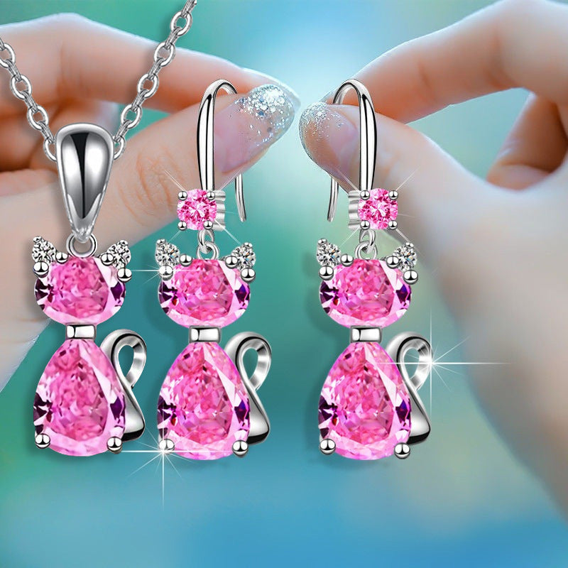 Shiny Exquisite Luxury Cat Pendant Necklace Earrings