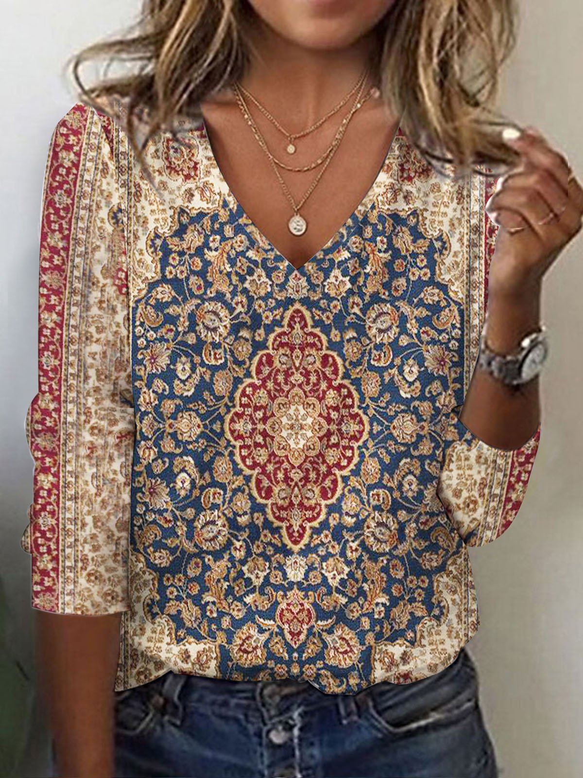 Fall Winter Fashion Printing Long-sleeve T-shirt Sexy Temperament Collar Top Slim Women's Clothing Animal And Plant Printing