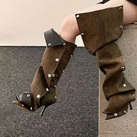 Denim Stitching Casual Two-way Pile Style Knee-length Boots