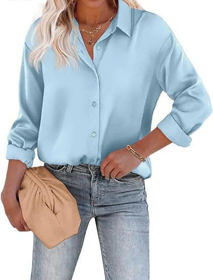 Women's Satin Top Long Sleeve Button Shirt Autumn