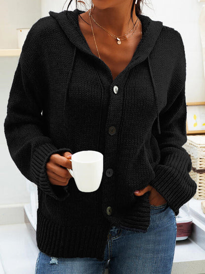 Hooded Knitted Long-sleeved Breasted Cardigan Drawstring Sweater