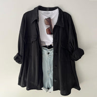 Women's Loose Plus Size Patch Pocket Lapel Long Sleeve Shirt Top