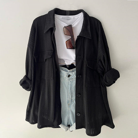 Camisa de mujer de manga larga con solapa y bolsillo de parche, holgada, talla grande