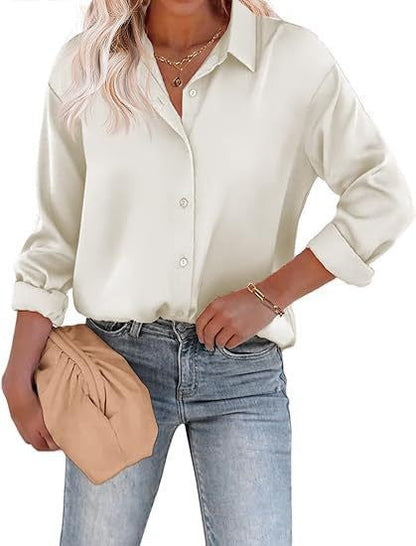 Women's Satin Top Long Sleeve Button Shirt Autumn