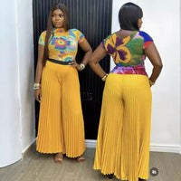 Fashion Plus Size Women Suit Pleated Print Short-sleeved Wide-leg Pants