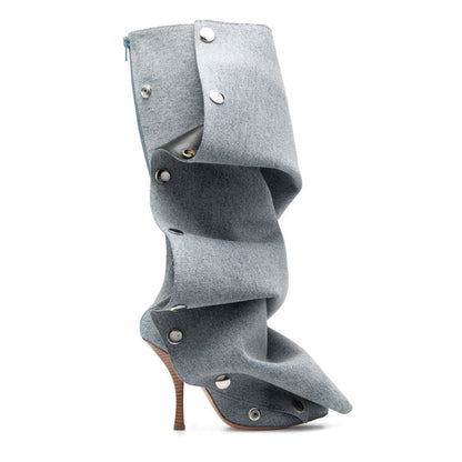 Denim Stitching Casual Two-way Pile Style Knee-length Boots
