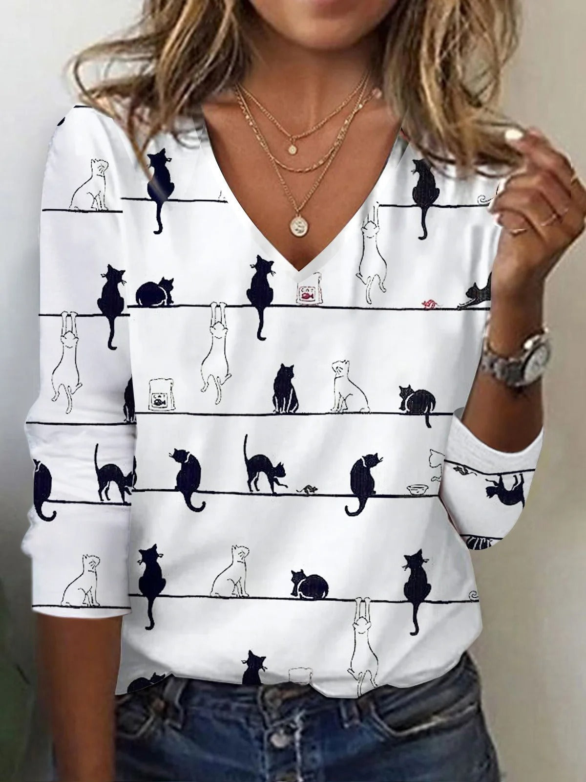 Fall Winter Fashion Printing Long-sleeve T-shirt Sexy Temperament Collar Top Slim Women's Clothing Animal And Plant Printing