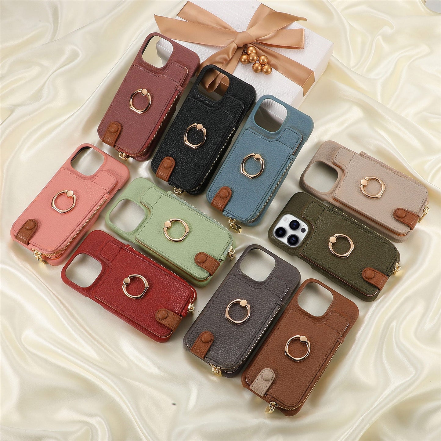 Ring Bracket Zipper Card Holder iPhone Case – Embossed Faux Leather | iPhone X–16
