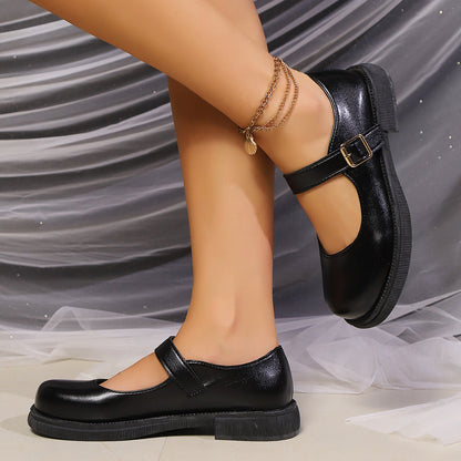 One-word Belt Buckle Shallow Mouth Flat Bottom Muffin Bottom Plus Size Stylish Women's Shoes