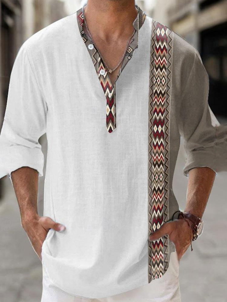 Thin Casual Digital Bamboo Linen Hawaiian Long Sleeve Shirt