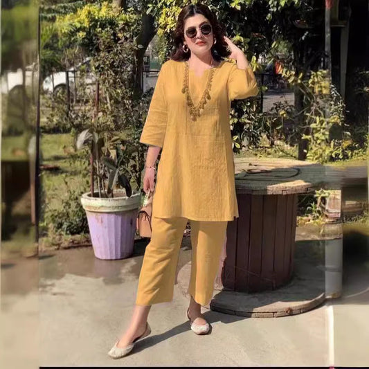 Fashion Pullover Solid Color Temperament Commute Ethnic Style Long Sleeve Clothes Two-piece Suit