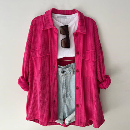 Women's Loose Plus Size Patch Pocket Lapel Long Sleeve Shirt Top