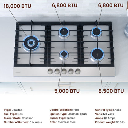 Rangaire 34" Gas Cooktop 5 Burners Stainless Steel RCG341S