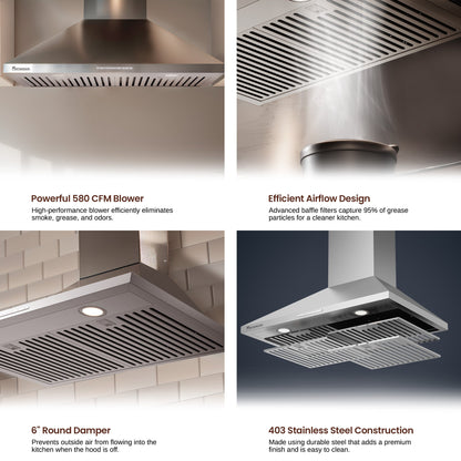 Rangaire 36" Wall-Mounted Range Hood 580 CFM Convertible  Stainless Steel  RHWMP36S