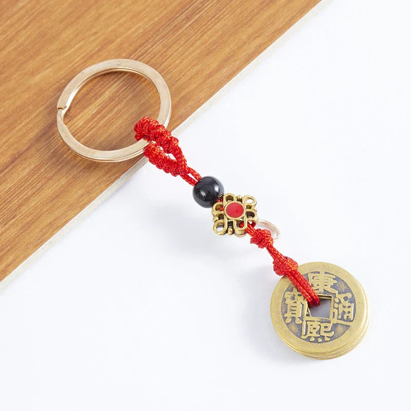 Handmade Brass Feng Shui Coins Keychain | Lucky Cat Car Keychain with Five Emperors Money