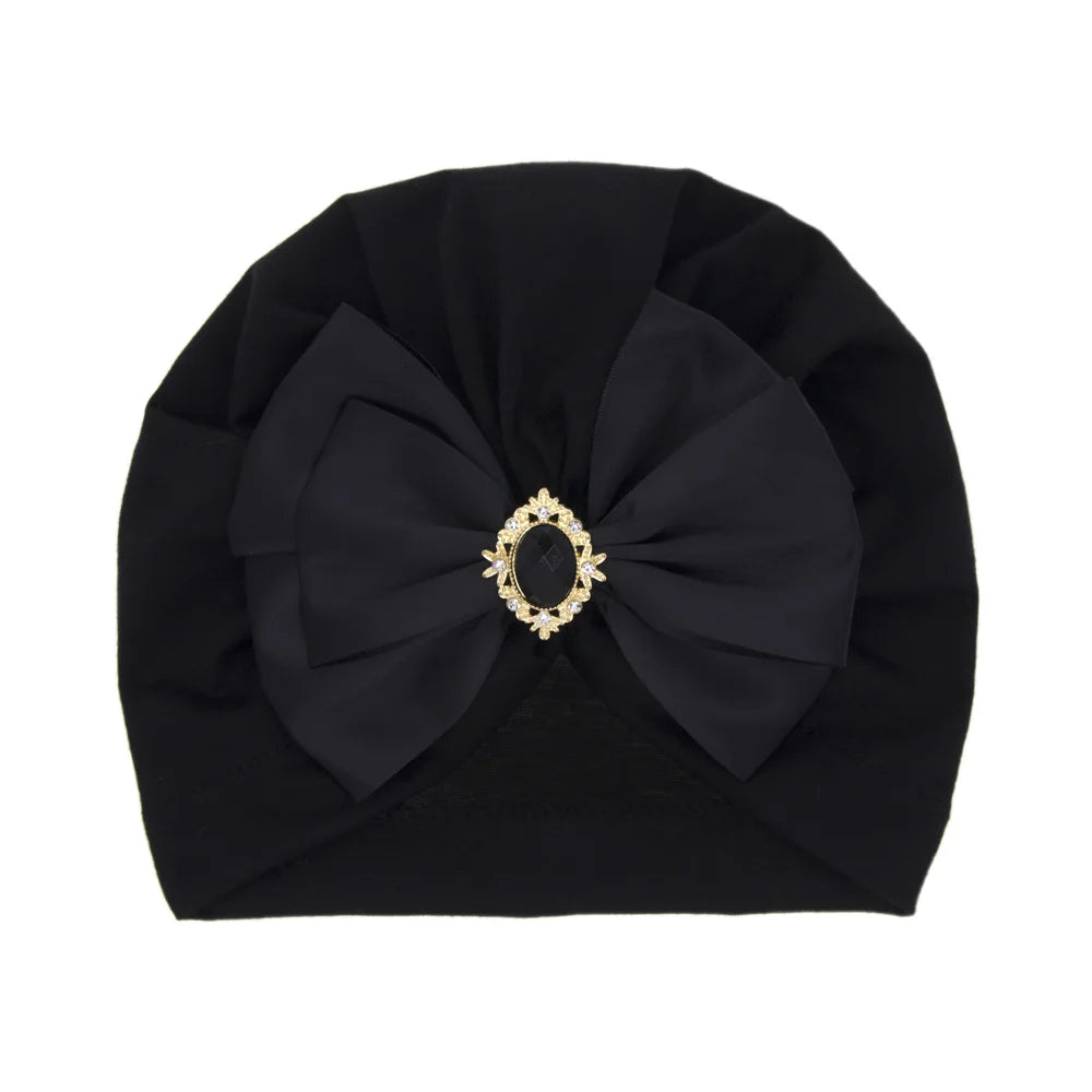 Solid Color Baby Turban Bow Beanie with Rhinestone | Handmade Infant Cap for Girls 0-2 Years