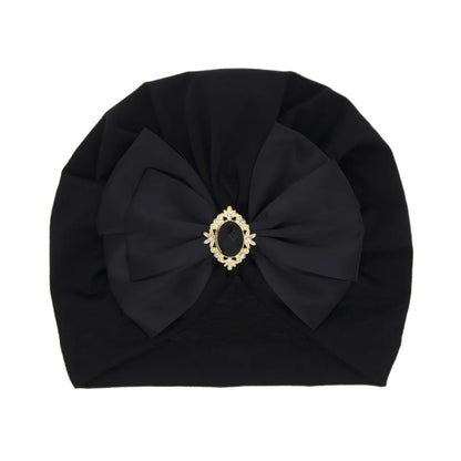 Solid Color Baby Turban Bow Beanie with Rhinestone | Handmade Infant Cap for Girls 0-2 Years