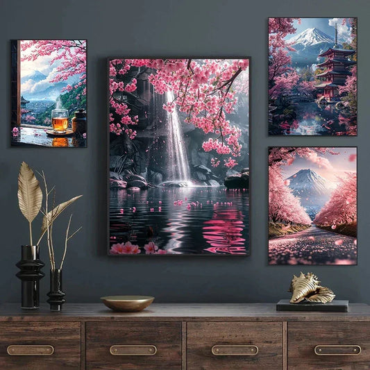 Affiche "Pink City Asian Travel Japanese Cherry Blossoms At Mount Fuji" Impressions Claires Toile Peinture Murales Images Décoration Maison