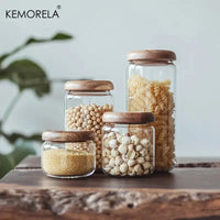 KEMORELA Bocal de conservation alimentaire transparent en bois d'acacia, pot à thé rond, pour fruits secs, snacks, pot de rangement en verre scellé pour la cuisine