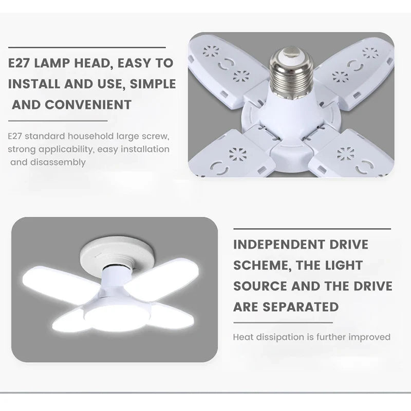 E27 Foldable LED Garage Light Fan Bulb 6500K Deformable Ceiling Lamp