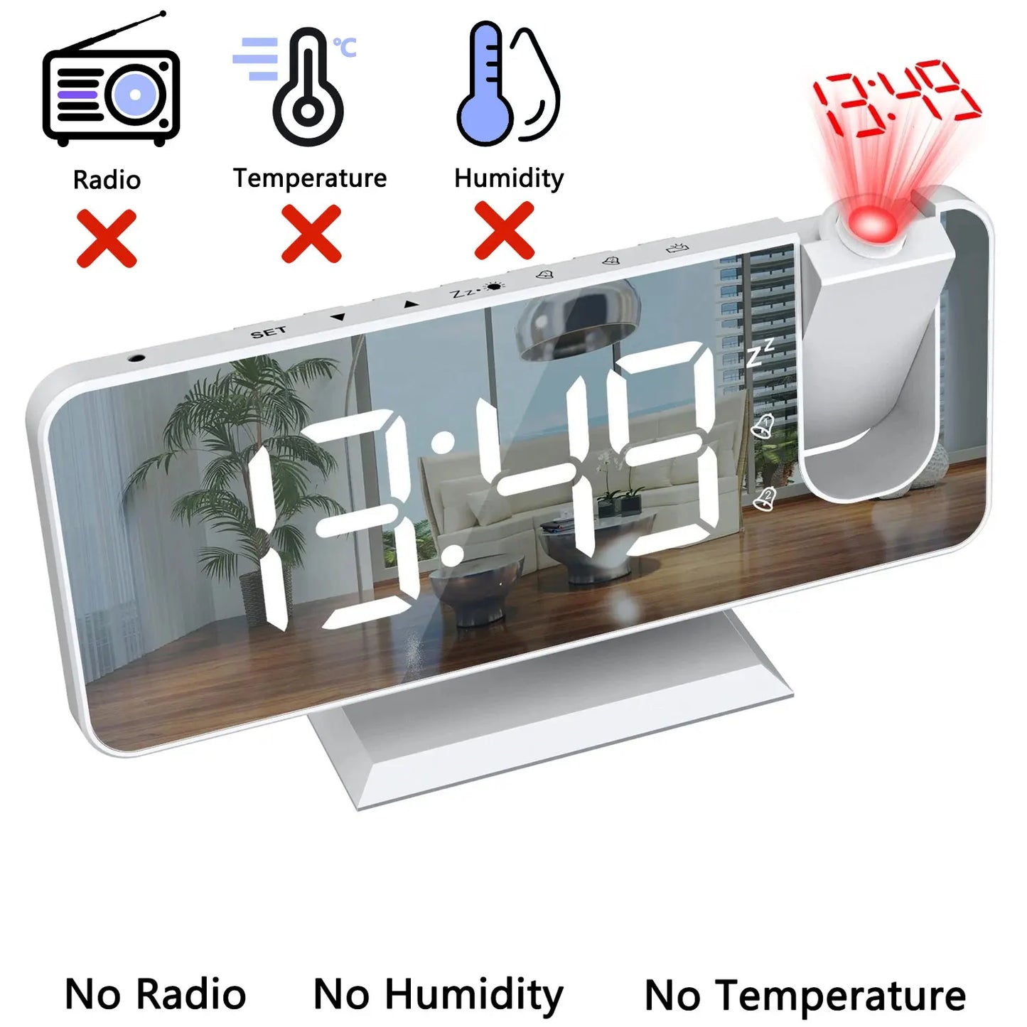 HD Projection Alarm Clock Large LED Display Digital Smart Radio Auto Dimming
