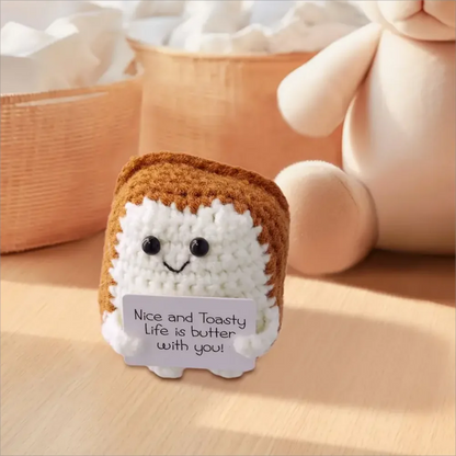 Cheerful Positive Toast Doll: 2.56" Knitted Crochet Toy with Encouragement Card - Perfect for Friends Gatherings New Year Decor