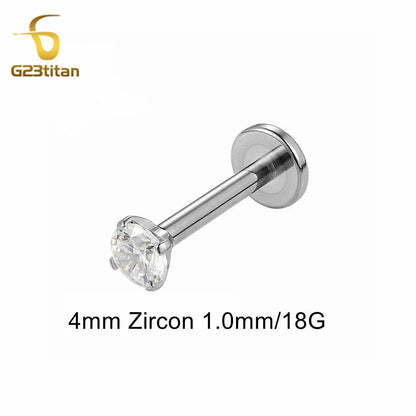16G 18G Titanium Labret Stud Nose Ring | Zircon Internally Threaded Body Jewelry for Tragus and Helix